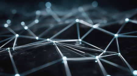 This image showcases an abstract technology network featuring glowing nodes interconnected by thin lines against a dark background. Perfect for concepts relating to digital communication.の素材