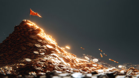 A striking visual of a mound of coins topped with a vibrant flag, symbolizing ambition and success amidst a dynamic light, ideal for finance and motivation themes.の素材