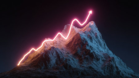 A captivating digital artwork of a mountain peak featuring a glowing upward trend line. This image symbolizes success, ambition, and growth in a striking abstract style.の素材