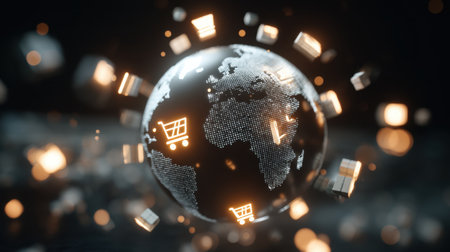 This stunning image illustrates a digital globe, featuring a shopping cart icon amidst glowing packages, representing the dynamic world of e-commerce and global trade.の素材