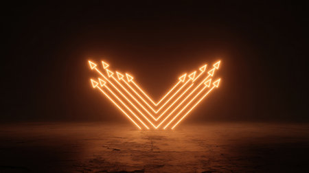 A striking visual of vibrant neon arrows pointing upward, set against a dark background. This image symbolizes growth, progress, and creativity in modern design.の素材