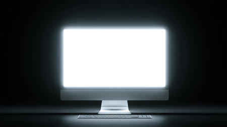 A minimalistic computer screen shines brightly in a dark environment, creating a stark contrast that symbolizes creativity and innovation in digital workspaces.の素材