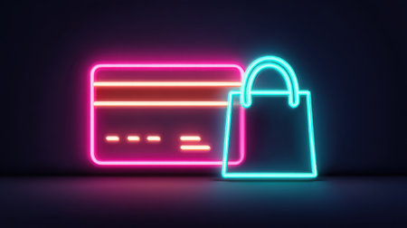 This vibrant neon illustration captures the essence of online shopping with a glowing credit card and shopping bag, symbolizing modern consumer behavior and e-commerce trends.の素材