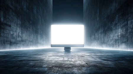 A solitary computer monitor stands in a dark alleyway, its bright screen illuminating the minimalist space, symbolizing technology and innovation in a sleek environment.の素材