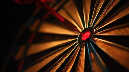 A dramatic close-up of a dartboard with a dart hitting the bullseye, showcasing precision and focus. The interplay of light and shadow enhances the captivating design.の素材