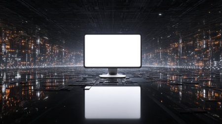 A sleek, futuristic computer monitor stands in a high-tech digital environment, showcasing a clean design. The reflection on the surface enhances the modern aesthetics.の素材