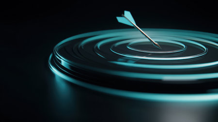 A captivating visual representation of focus and precision, showcasing an arrow striking the center of a circular target with glowing lines, symbolizing achievement and goal setting.の素材