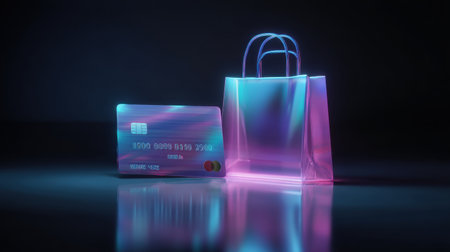 A visually striking abstract representation of digital payments, featuring a luminous credit card and a glowing shopping bag, perfect for modern retail themes.の素材