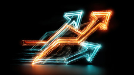 This vivid abstract graphic features glowing arrows in blue and orange, symbolizing direction and progress, perfect for themes of growth and innovation.の素材