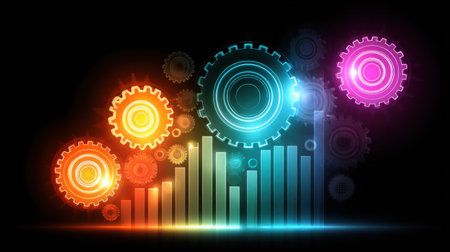 Vibrant abstract design featuring gears and growth bars symbolizing progress and innovation in technology and industry, perfect for modern digital projects.の素材
