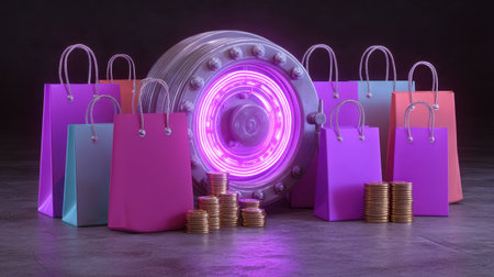 This vibrant scene features colorful shopping bags alongside a glowing safe and stacks of coins, symbolizing financial success and consumer wealth in a modern context.の素材