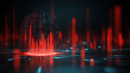This image showcases a futuristic digital globe surrounded by vibrant red light effects and data visualizations, representing innovation, technology, and global connectivity.の素材