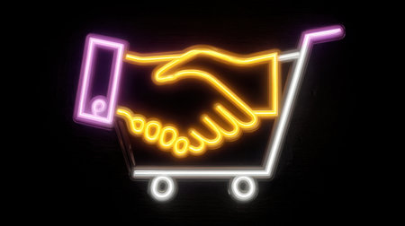 Neon handshake illustration over a shopping cart symbolizes business collaboration and partnerships, reflecting the modern commercial transaction landscape.の素材