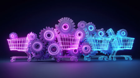 This vibrant illustration features neon shopping carts intertwined with colorful gears, symbolizing the integration of technology and modern retail experiences.の素材