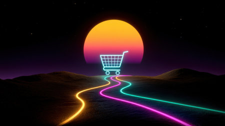 This captivating image features a neon shopping cart on a winding road leading to a colorful sunset, symbolizing adventure and modern consumer culture in a surreal landscape.の素材