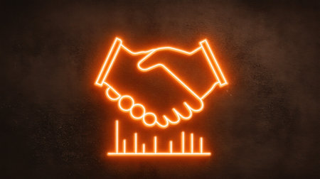 This neon handshake symbol against a dark background illustrates themes of partnership and collaboration, making it perfect for business-related designs and concepts.の素材