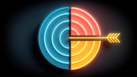 Vibrant neon illustration of a circular target with an arrow striking the center, representing achievement and focus. Ideal for creative projects in business and motivation.の素材
