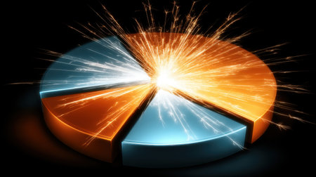 Vibrant pie chart featuring orange and blue sections with explosive spark effects, symbolizing innovative growth and dynamic ideas in business and creativity.の素材