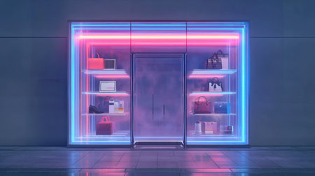 A captivating view of a modern retail store at night, featuring a stylish display of handbags illuminated by vibrant neon lights that create an inviting atmosphere.の素材