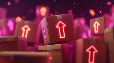 Explore a vibrant delivery scene with colorful cardboard boxes featuring neon arrows against a rich purple background, perfect for logistics and transportation themes.の素材
