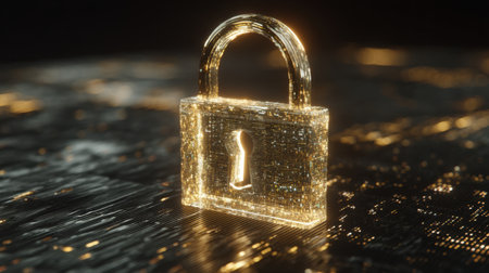 A stunning digital lock illuminated in a cyber setting, representing the critical importance of security and protection for data and privacy in today's technology-driven world.の素材
