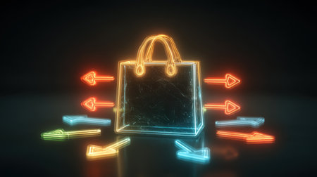 A vibrant neon shopping bag surrounded by colorful arrows, symbolizing movement in the digital market. Perfect for depicting online retail trends.の素材