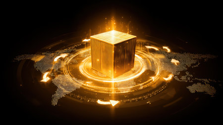 A striking golden cube illuminated by a digital glow, set against a dark background with a world map, symbolizing the convergence of technology and innovation in a global context.の素材