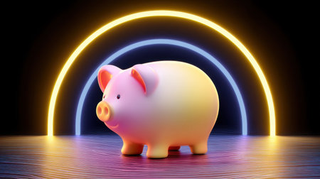 A charming and modern piggy bank stands in a vibrant neon setting, surrounded by colorful arcs of light, representing themes of savings and financial growth in a creative way.の素材