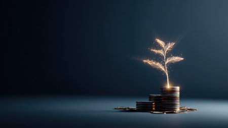 This captivating image illustrates the concept of financial growth through a glowing plant emerging from a stack of coins, symbolizing sustainability and prosperity.の素材