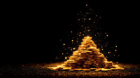 A stunning visual of a pyramid made of shimmering gold coins surrounded by sparkling dust, creating a captivating scene that embodies wealth and prosperity.の素材