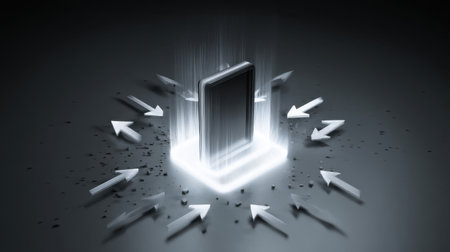 A sleek mobile device emerges from a radiant base, surrounded by bright arrows symbolizing speed and innovation, set against a dark ambiance for a modern feel.の素材