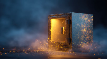 A captivating image of a glowing safe, radiating warmth amidst dark, smoky surroundings. The magical ambiance evokes feelings of security, mystery, and hidden wealth.の素材