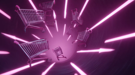 Experience a unique and surreal visual of shopping carts spiraling through a vibrant neon tunnel, surrounded by dynamic light rays in a captivating setting.の素材