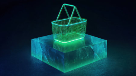 A captivating visualization of a digital wireframe shopping basket resting on a luminous ice cube, combining modern retail themes with innovative design elements and vibrant colors.の素材