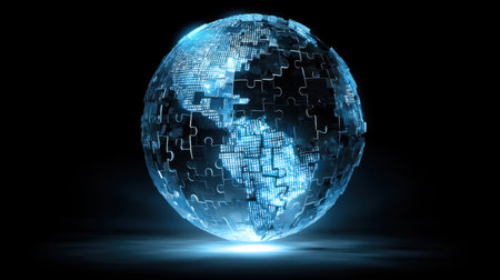 A captivating digital globe composed of puzzle pieces, glowing in blue hues against a dark background, symbolizing technology, connection, and innovation in our world.の素材