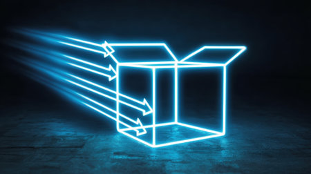 This digital artwork features a neon outline of an open box with glowing light streaks. It symbolizes delivery and innovation, ideal for tech and creative themes.の素材