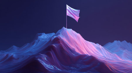 This abstract image showcases a surreal mountain landscape featuring a fluid and colorful representation. A flag stands proudly on the peak, surrounded by an enchanting twilight atmosphere.の素材