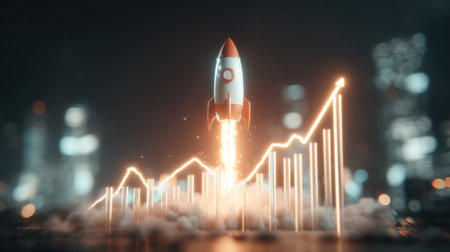 A stunning depiction of a rocket launching amidst a vibrant glow, representing success and innovation in a digital landscape filled with potential and growth.の素材
