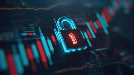 This image showcases a digital security concept with a glowing padlock surrounded by vibrant data visuals. It represents the importance of protection and privacy in technology.の素材