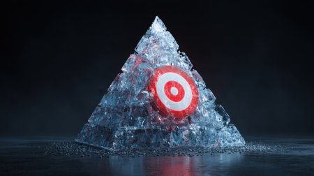 An artistic representation of an ice pyramid sculpture featuring a striking target design. The play of light and shadows enhances the vivid colors and textures.の素材