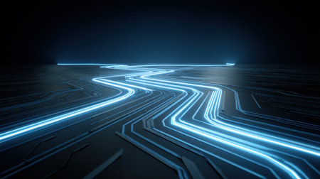This captivating image showcases illuminated circuit pathways set against a dark background, representing modern technology's innovative designs and abstract concepts.の素材