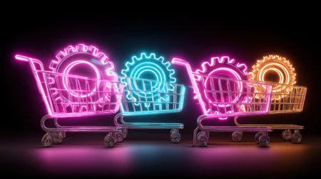 This captivating image features vibrant neon shopping carts filled with colorful gears, symbolizing innovation and modern business in a digital marketplace.の素材