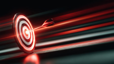 A vibrant image depicting an arrow striking a target, illuminated by dynamic red and white lights. This visual represents focus, achievement, and the pursuit of goals in various fields.の素材
