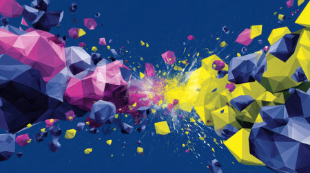 This vibrant abstract image features an explosion of colorful geometric shapes against a deep blue background, emphasizing energy and creativity in modern design.の素材