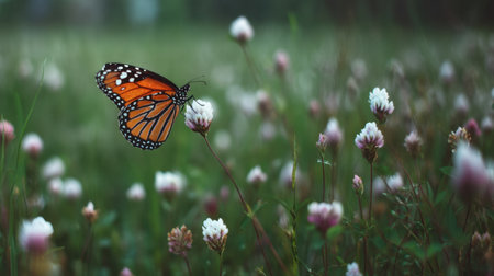 A stunning close-up of a butterfly perched on a wildflower in a lush meadow, capturing the essence of natureの素材