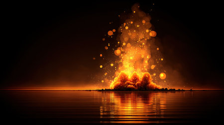 This captivating image showcases an explosive eruption of flames and sparks set against a calm water surface, creating a mesmerizing night scene with vibrant colors.の素材