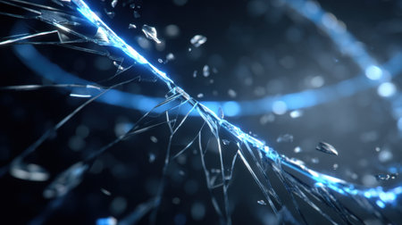 Explore an intricate composition of shattered glass illuminated by dynamic blue highlights, creating a striking abstract visual perfect for creative projects and designs.の素材