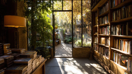 A serene reading space filled with natural light and surrounded by lush greenery offers a perfect atmosphere for relaxation and inspiration in a cozy library setting.の素材