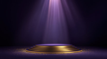 A captivating stage design featuring golden edges and a rich purple background, enhanced by an enchanting spotlight, ideal for performances or presentations.の素材