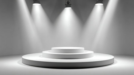 A minimalist studio setup featuring three circular platforms illuminated by bright spotlights, ideal for creative presentations, showcases, and artistic displays.の素材